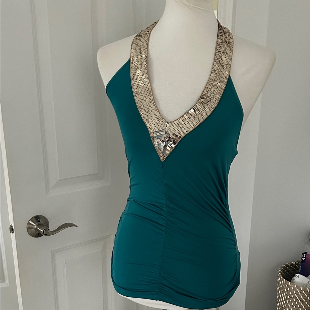 Stunning Teal Blue Y2K Halter Top with Gold Sequins